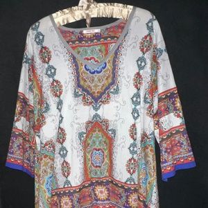 Johnny Was L NWOT Tunic - cotton w/ flowers and geometric design - flowy / roomy
